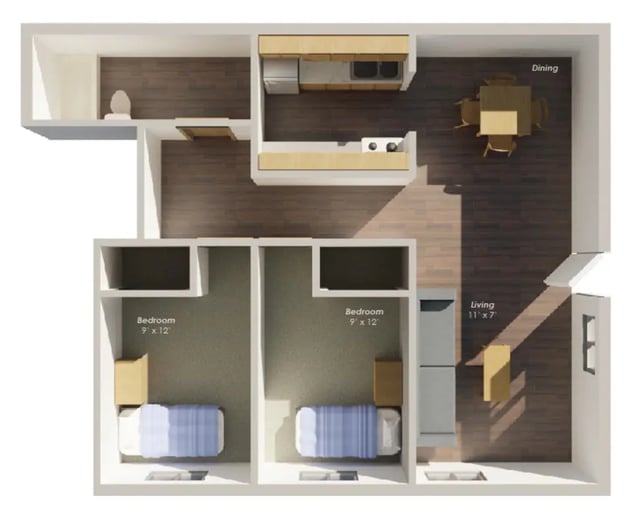 Two bedrooms kitchen living dining bathroom floor plan at College Park Apartments in Ithaca Student Accommodation
