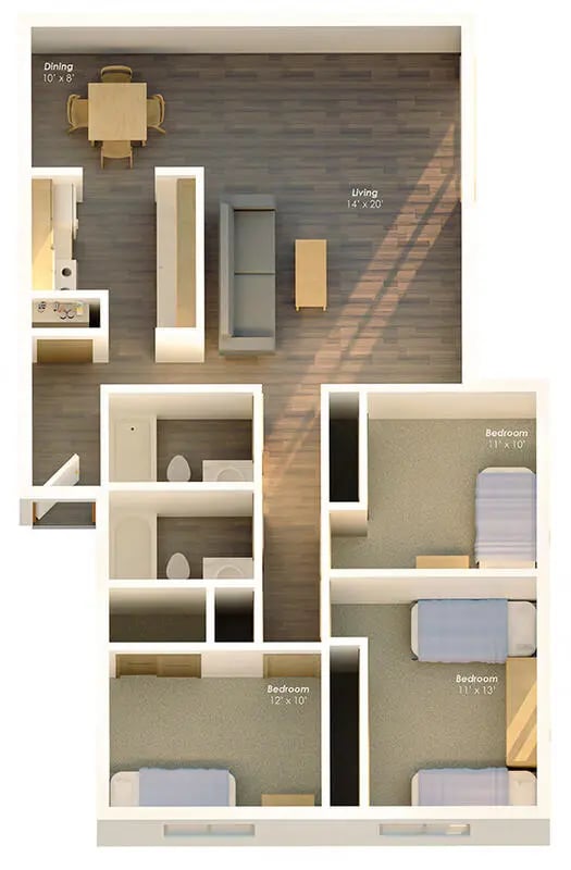 Dining table kitchen sofa beds bathrooms floor plan at College Park Apartments in Ithaca Student Accommodation