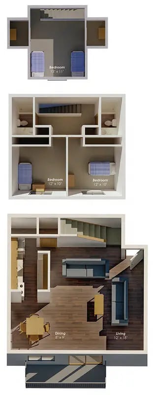 Bedrooms living and dining areas exterior floor plan at College Park Apartments in Ithaca Student Accommodation