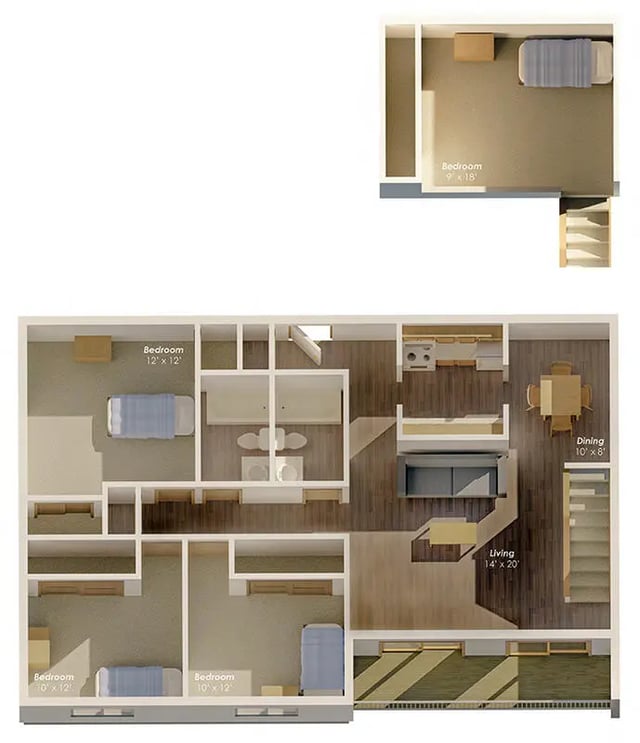 Apartment floor plan with three bedrooms and kitchen living area at College Park Apartments in Ithaca Student Accommodation