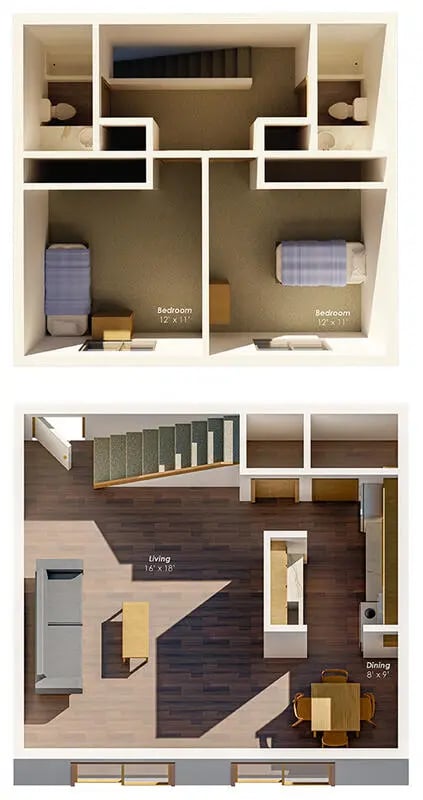 Two bedrooms toilets stairs living dining kitchen floor plan at College Park Apartments in Ithaca Student Accommodation