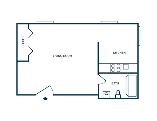 Closet living room kitchen bath floor plan at Launch Apartments in West Lafayette Student Accommodation