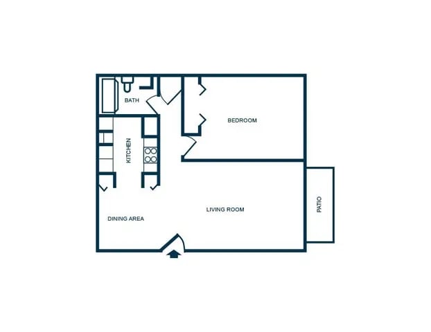 Floor plan showing kitchen bedroom living room and patio plan at Launch Apartments in West Lafayette Student Accommodation
