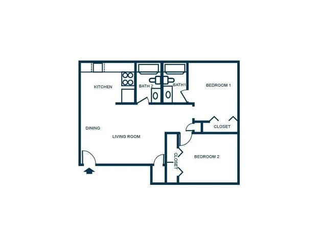 Two bedroom floor plan with kitchen and living room at Launch Apartments in West Lafayette Student Accommodation