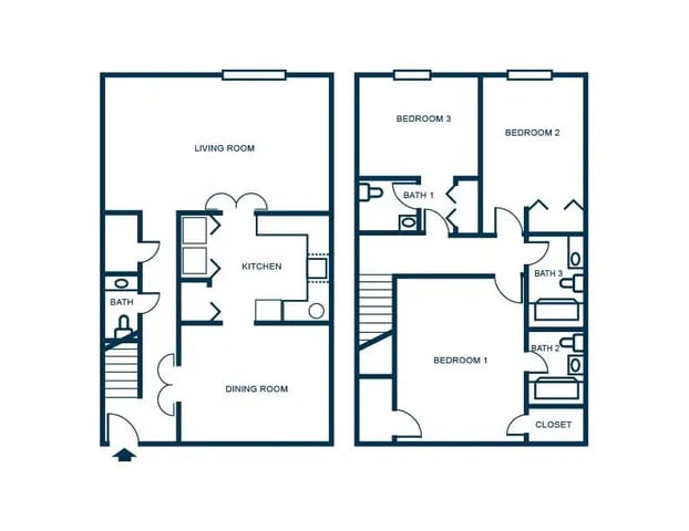 Floor plan with bedrooms kitchen living dining bathrooms Floor plan at Launch Apartments in West Lafayette Student Accommodation
