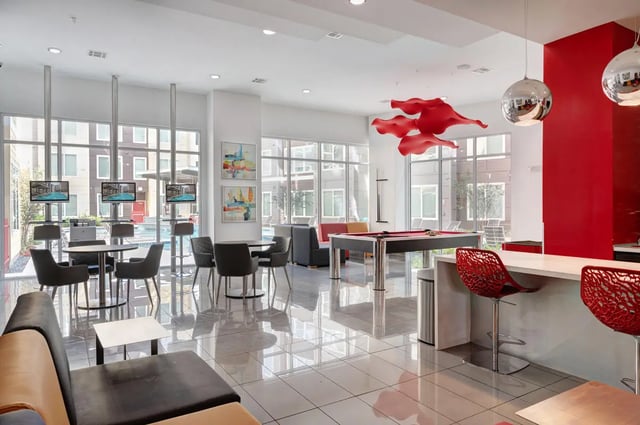 Pool table seating area and bar living room at The Icon & Lofts at the Icon in Houston Student Accommodation