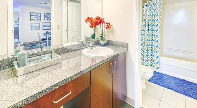 Sink soap dispenser flowers colorful shower curtain bathroom at 100 Midtown in Atlanta Student Accommodation