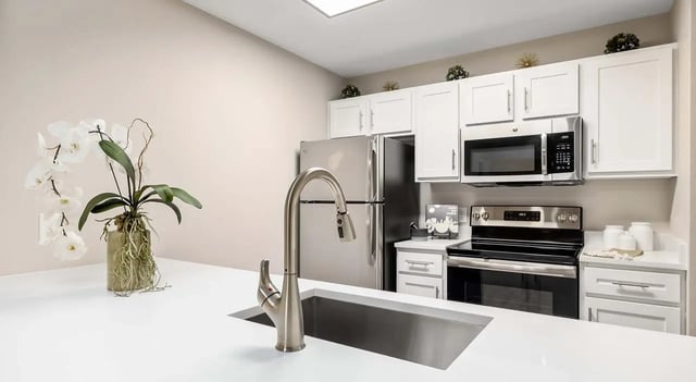 Modern kitchen with stainless steel appliances and white cabinets kitchen at 403 West in Raleigh Student Accommodation
