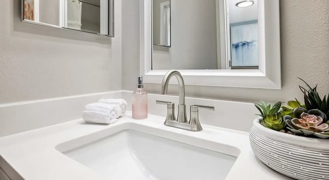 Sink soap dispenser folded towels plants bathroom at 403 West in Raleigh Student Accommodation