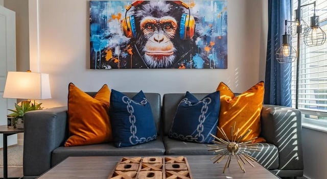 Gray couch orange and blue pillows art living room at The Vanguard in Cincinnati Student Accommodation