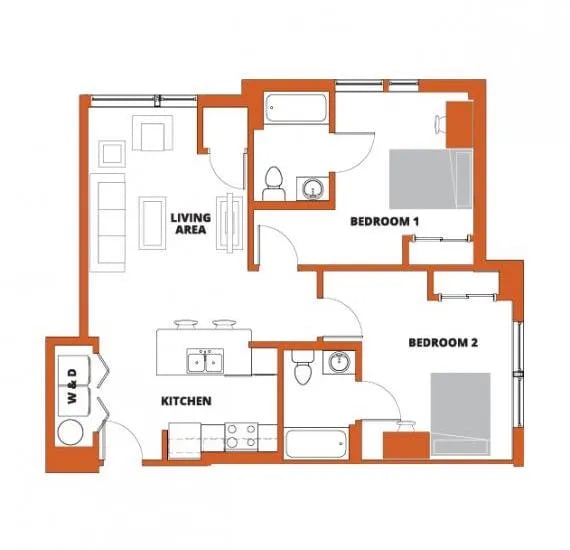 Floor plan with living kitchen bedrooms bathrooms exterior at Campus Walk Apartments in Buffalo Student Accommodation