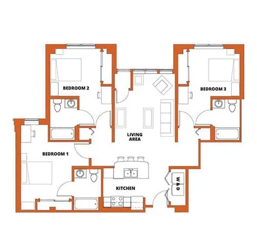 Floor plan with three bedrooms living area kitchen floor plan at Campus Walk Apartments in Buffalo Student Accommodation