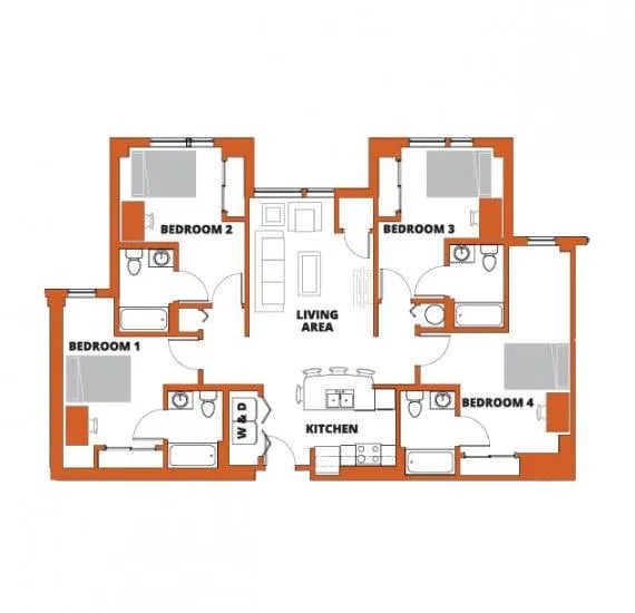 Floor plan with four bedrooms living area kitchen floor plan at Campus Walk Apartments in Buffalo Student Accommodation
