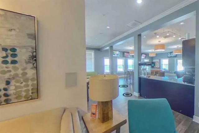 Abstract painting lamp and counter communal area at The Edge at Conway in Conway Student Accommodation