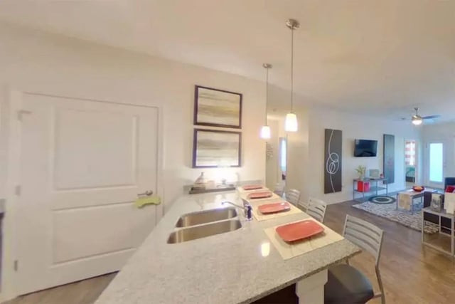 Kitchen island with sink and red plates living room. at The Edge at Conway in Conway Student Accommodation