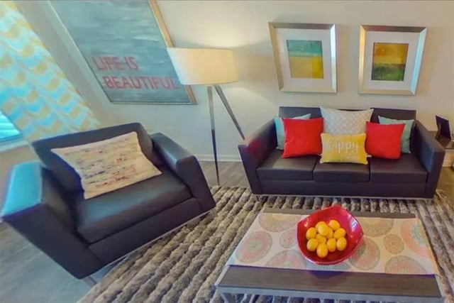 Leather couch armchair artwork and floor lamp living room at The Edge at Conway in Conway Student Accommodation