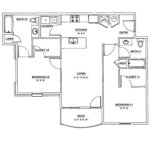Floor plan with two bedrooms two baths living area and deck floor plan at The Edge at Conway in Conway Student Accommodation