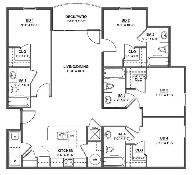 Floor plan with four bedrooms living area kitchen and bathrooms floor plan at The Edge at Conway in Conway Student Accommodation