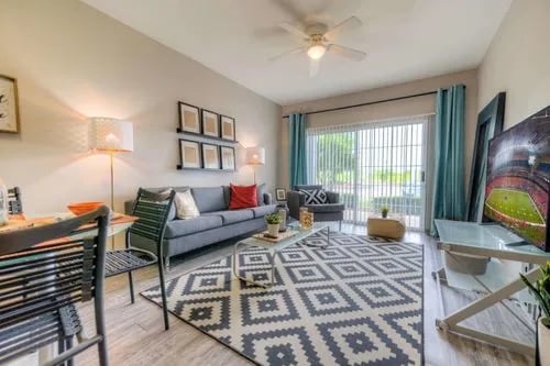 Sofa rug coffee table and TV living room at The Reserve San Antonio in San Antonio Student Accommodation