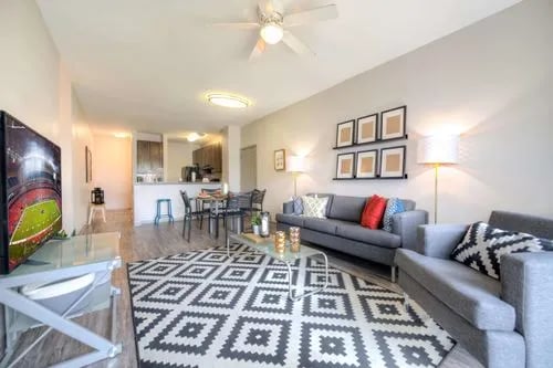 Gray sofas glass coffee table geometric rug living room at The Reserve San Antonio in San Antonio Student Accommodation