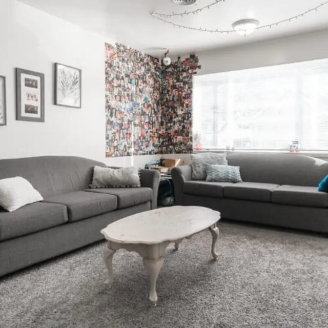 Two gray sofas and oval coffee table living room at Campus Way in Provo Student Accommodation