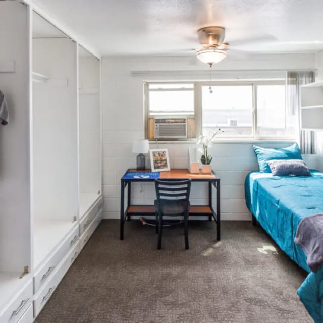 White closet desk chair bed and window bedroom at Campus Way in Provo Student Accommodation