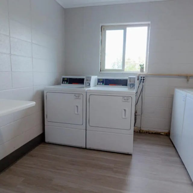 Two white washing machines under a window laundry room at Campus Way in Provo Student Accommodation