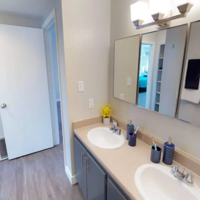 Double sink vanity with gray cabinets bathroom at Campus Way in Provo Student Accommodation