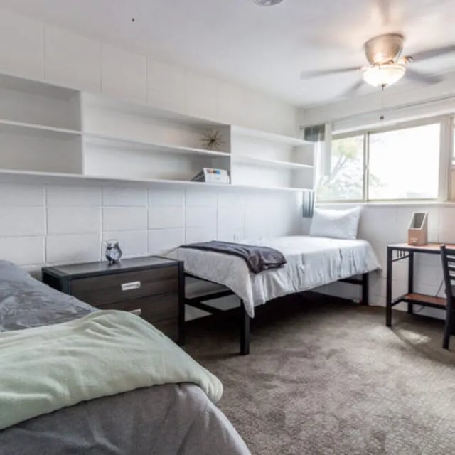 Two beds nightstand and desk bedroom at Campus Way in Provo Student Accommodation