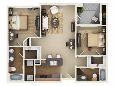 Two bedrooms, living area, kitchen, bathroom floor plan. at The Centre Suites in Lubbock Student Accommodation