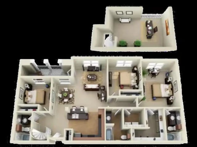 Multiple bedrooms study living kitchen floor plan exterior at The Centre Suites in Lubbock Student Accommodation
