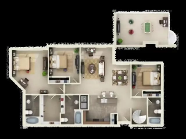 Floor plan with three bedrooms two bathrooms and game room layout at The Centre Suites in Lubbock Student Accommodation