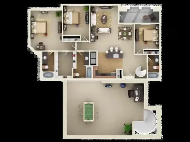 Floor plan with beds baths living and gaming area layout at The Centre Suites in Lubbock Student Accommodation