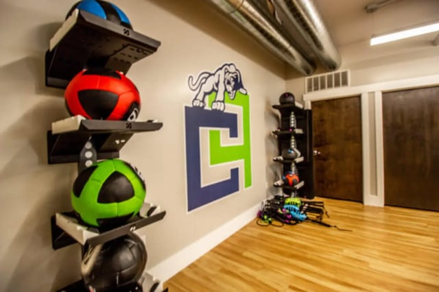Medicine balls and gym equipment playing area at CollegePlace Provo in Provo Student Accommodation