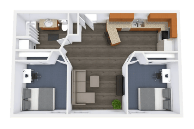 Two bedrooms living area kitchen bathroom floor plan at CollegePlace Uptown