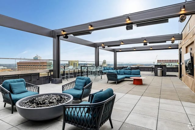 Teal seating fire pit and tables exterior at Vic Village South in Ann Arbor Student Accommodation