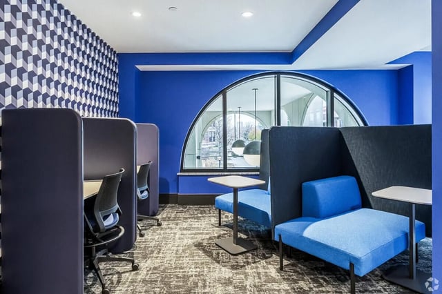 Study carrels with chairs and lounge seating study area at Vic Village South in Ann Arbor Student Accommodation