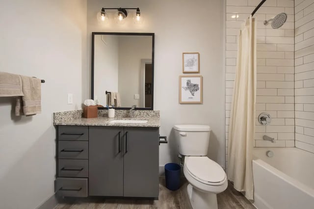 Vanity toilet framed maps shower bathtub bathroom at The Wyatt in Lubbock Student Accommodation