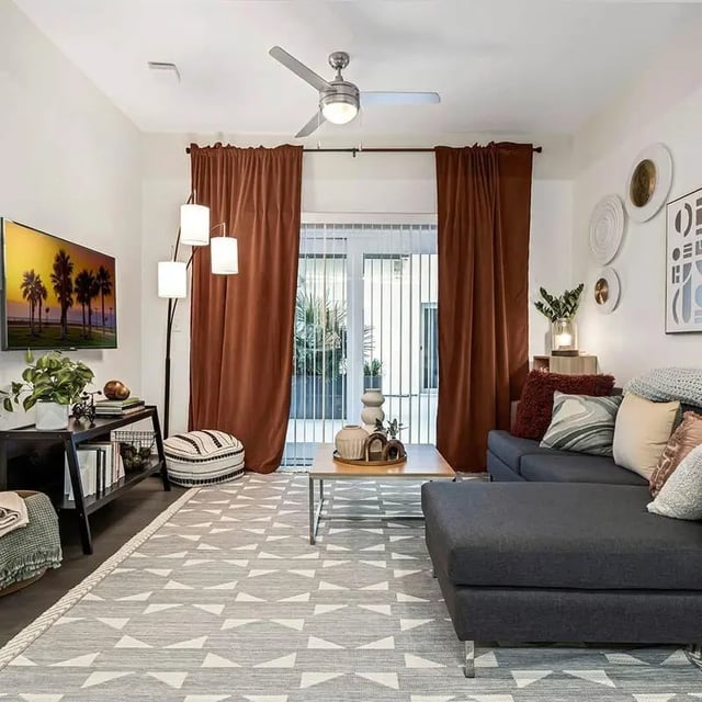 Sofa TV floor lamp patterned rug living room at Social 28 in Gainesville Student Accommodation