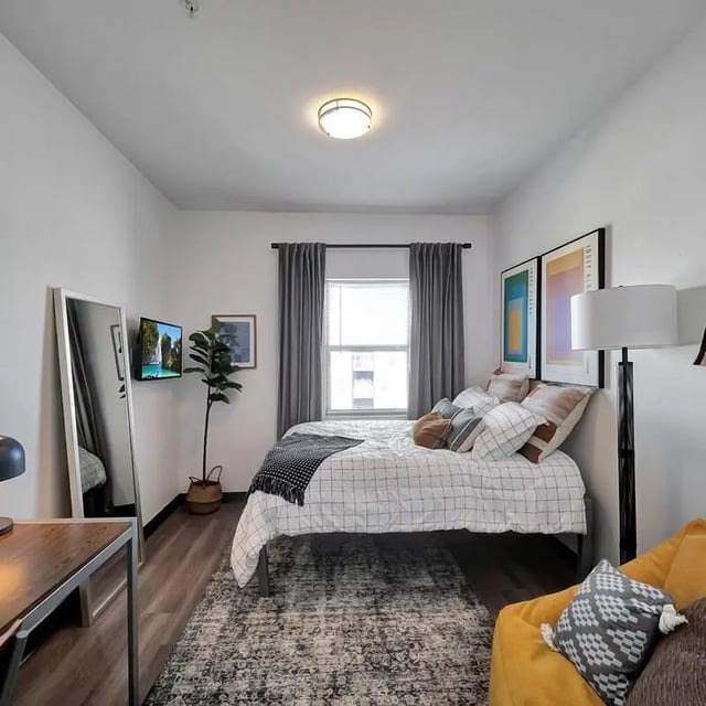 Bed TV mirror rug and artwork bedroom at The Rowe Apartments in Tallahassee Student Accommodation