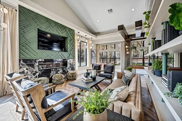 Sofa chairs fireplace TV and plants living room at The Wilde Raleigh Apartments in Raleigh Student Accommodation