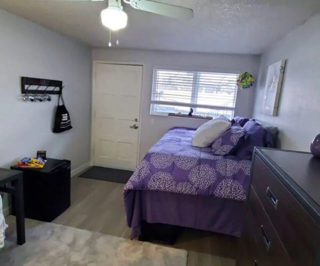 Bed with purple bedding mini fridge and door Bedroom at Capri Eugene Apartments in Eugene Student Accommodation