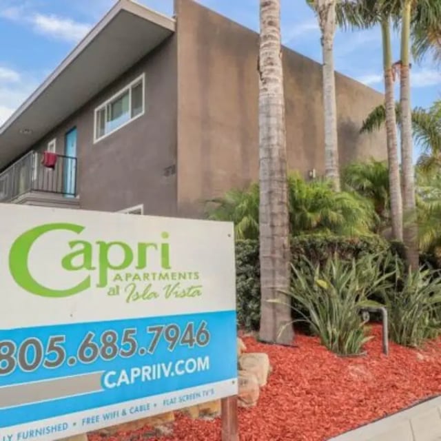 Apartments sign and building exterior at Capri at Isla Vista Apartments in Isla Vista Student Accommodation