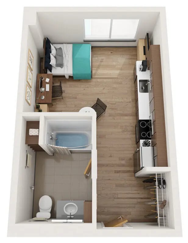 Bed desk bath toilet and kitchen studio apartment at Stateside in Bellingham Student Accommodation