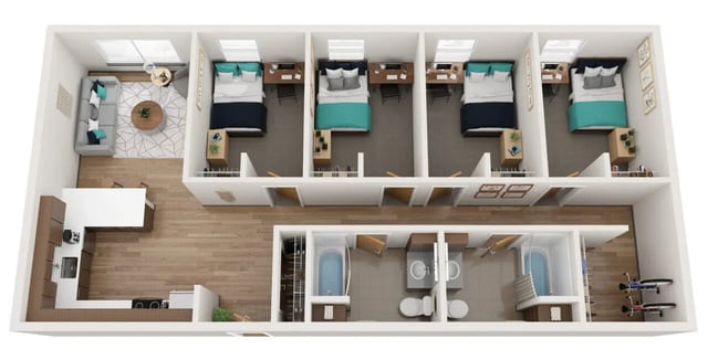 Four bedrooms kitchen living room and bathrooms at Stateside in Bellingham Student Accommodation