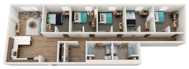 Student dorm with beds desks and living area exterior at Stateside in Bellingham Student Accommodation