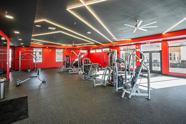 Weight machines and workout equipment gym at Aspen Heights Fayetteville in Fayetteville Student Accommodation