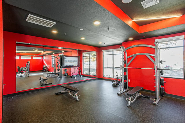 Weight machines and benches gym at Aspen Heights Fayetteville in Fayetteville Student Accommodation