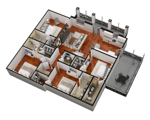 Three bedrooms living room kitchen and balcony floor plan at The Cottages at Hooper Hollow in Oxford Student Accommodation