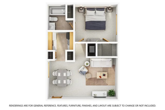 Bed bath kitchen dining living bedroom floor plan at The Grove at Mankato in Mankato Student Accommodation